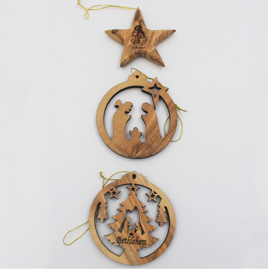 Paquete de 3 adornos de Navidad en madera de Olivo